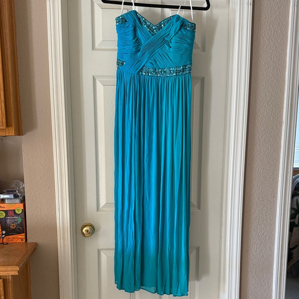 Strapless Teal Prom Dress with Beaded Waist